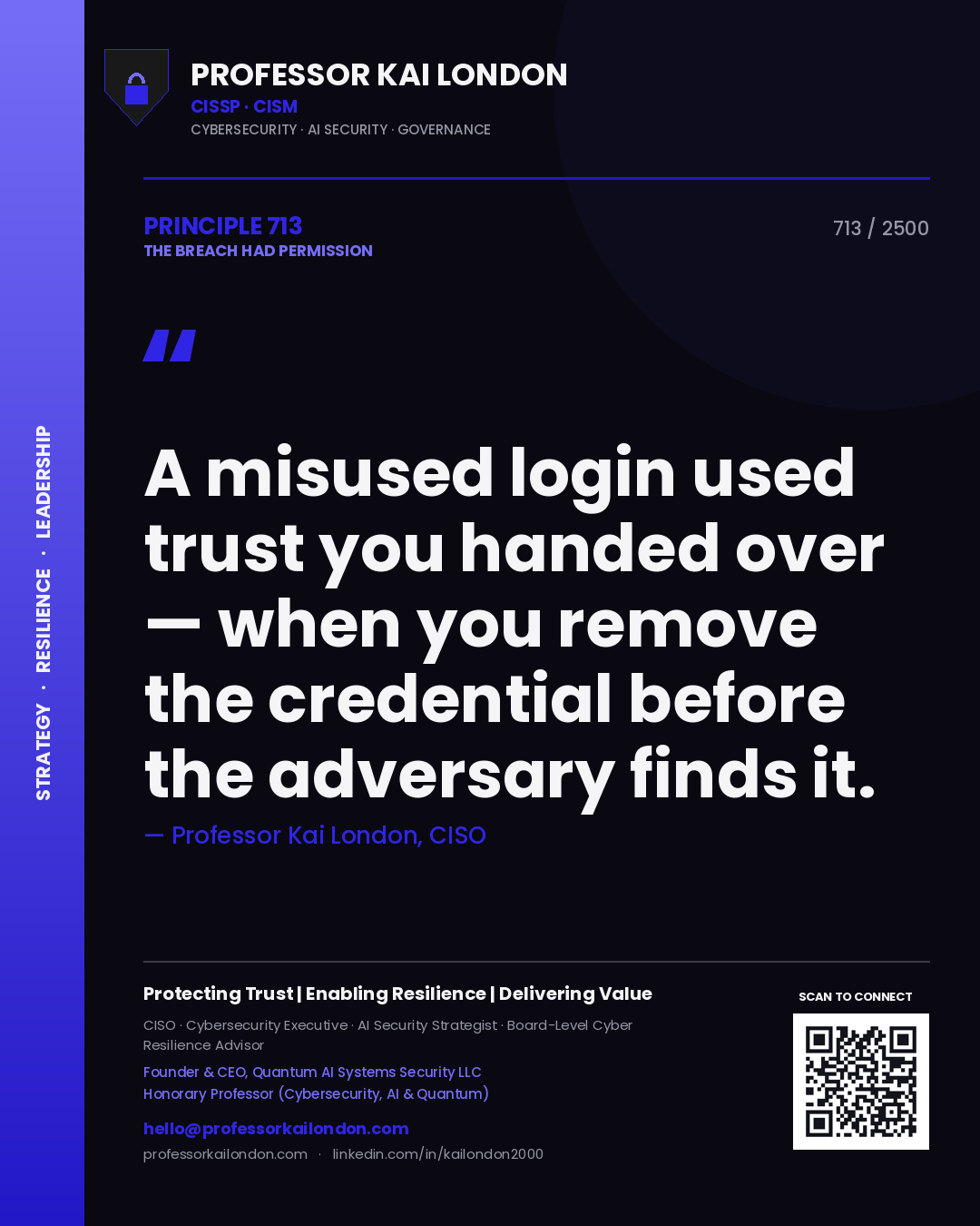 Quote card by Professor Kai London reading 'A misused login used trust you handed over — when you remove the credential before the adversary finds it.'. From the book The Breach Had Permission.