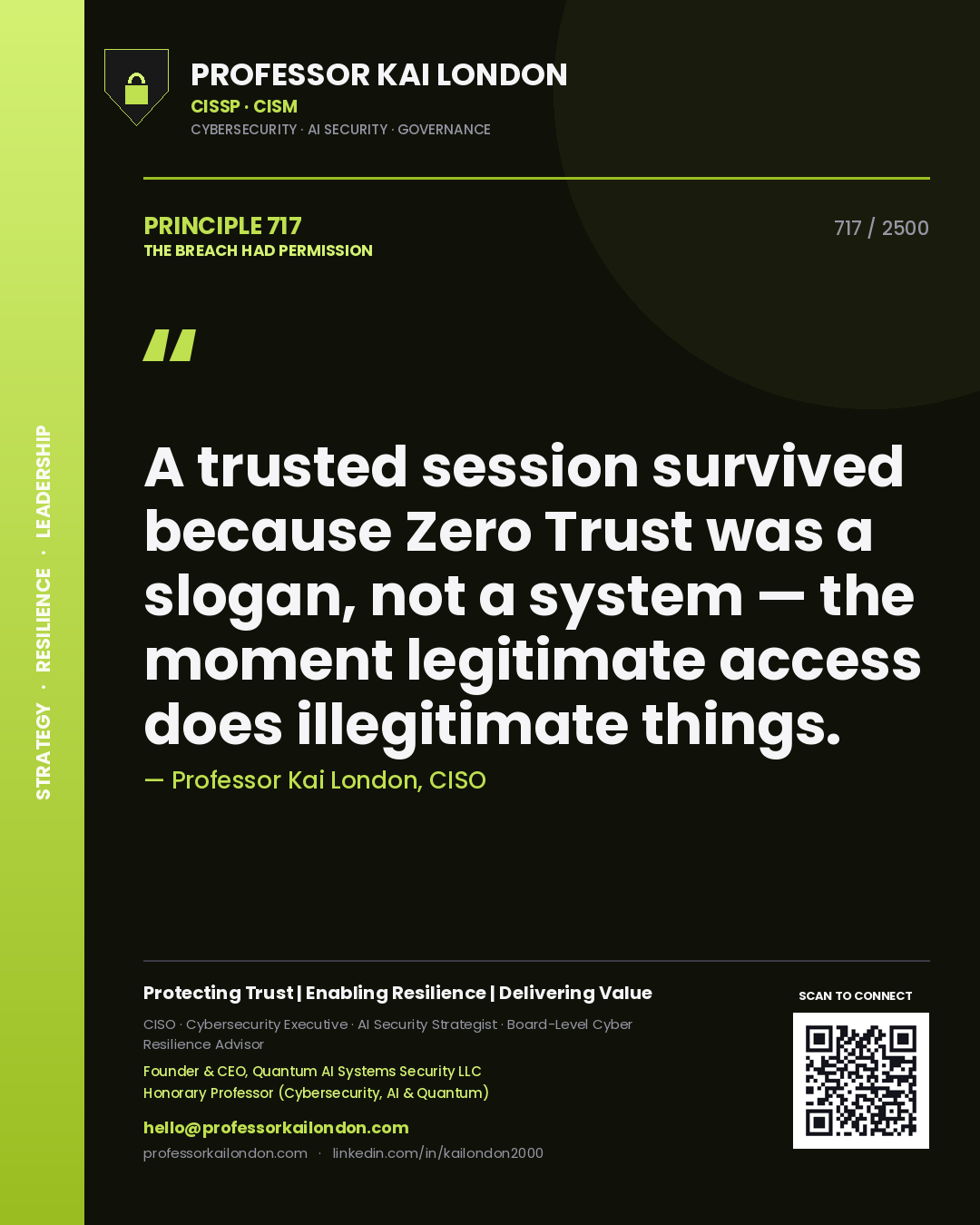 Professor Kai London principle 717: A trusted session survived because Zero Trust was a slogan, not a system — the moment legitimate access does illegitimate things.