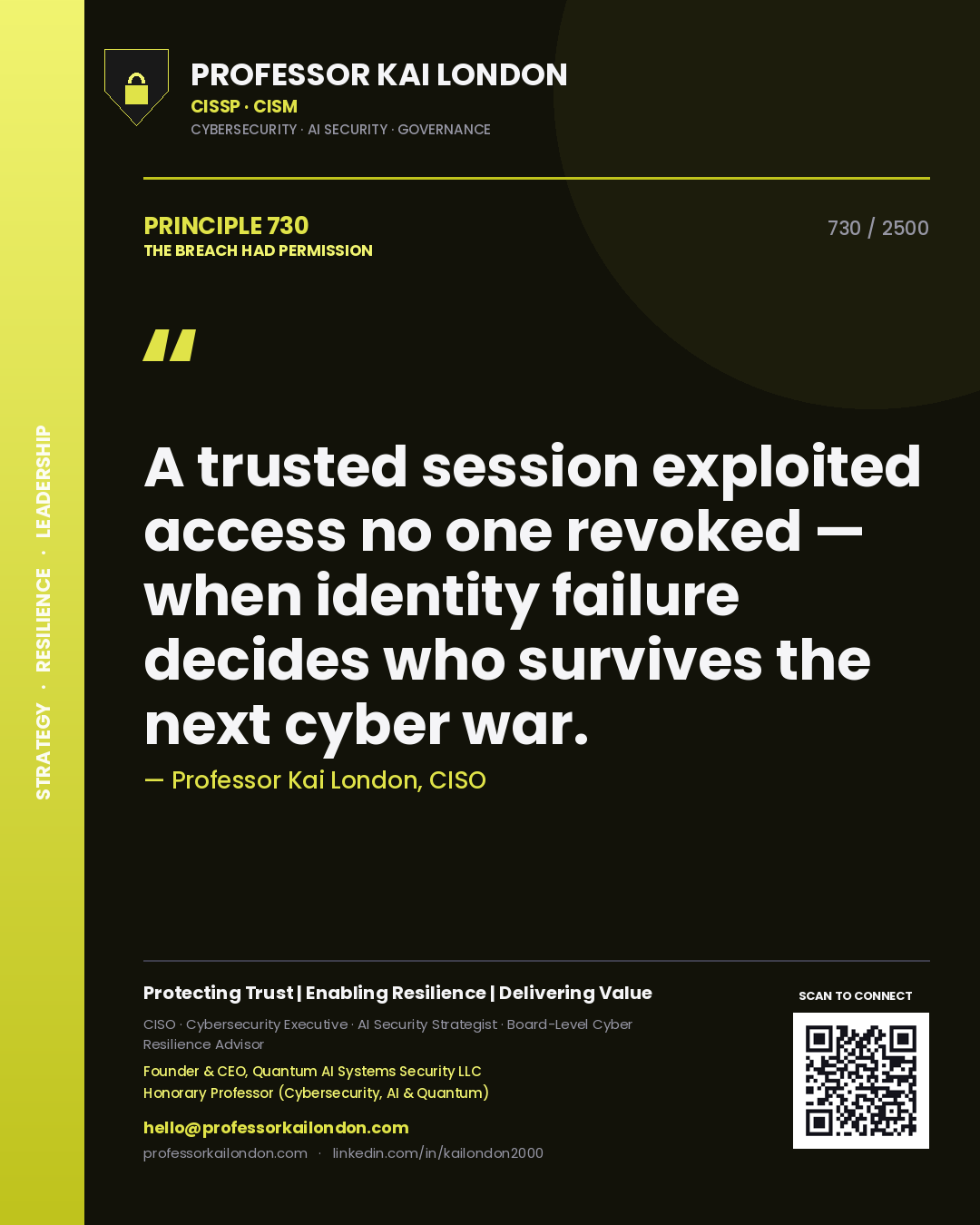 Professor Kai London principle 730: A trusted session exploited access no one revoked — when identity failure decides who survives the next cyber war.
