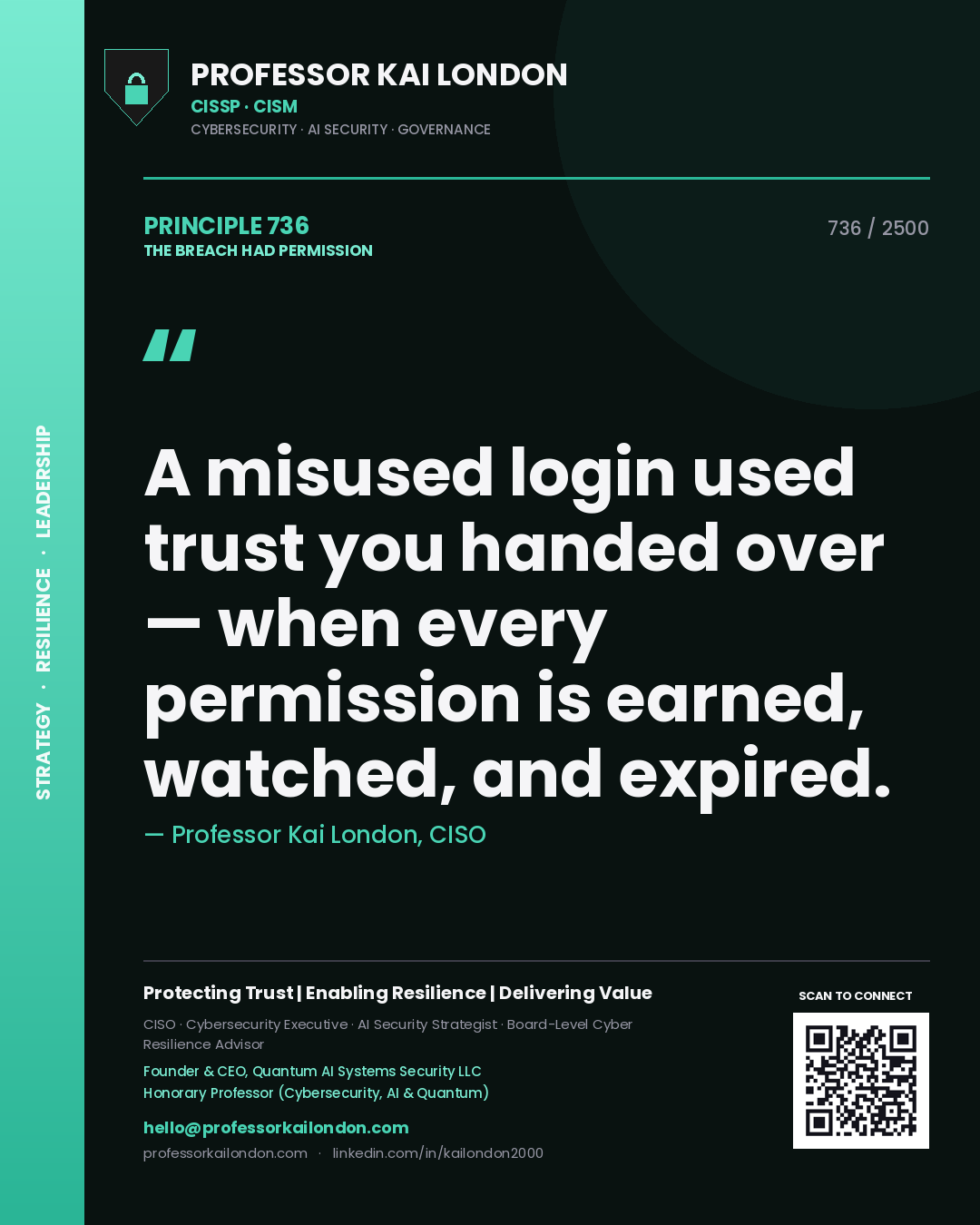 Professor Kai London principle 736: A misused login used trust you handed over — when every permission is earned, watched, and expired.