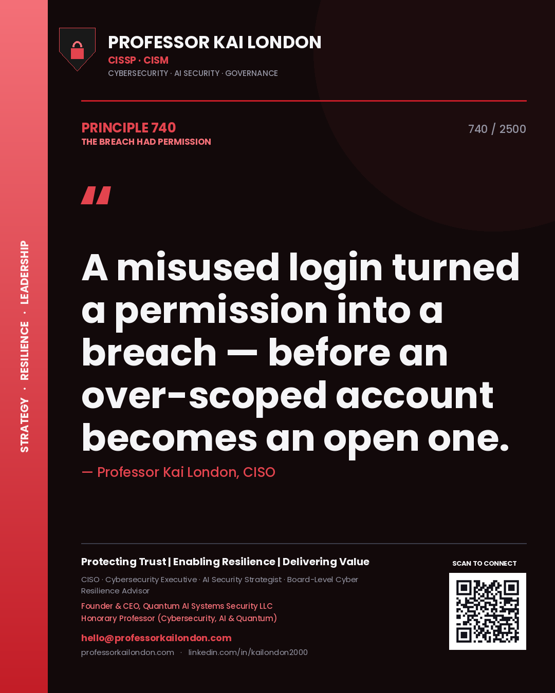 Professor Kai London principle 740: A misused login turned a permission into a breach — before an over-scoped account becomes an open one.