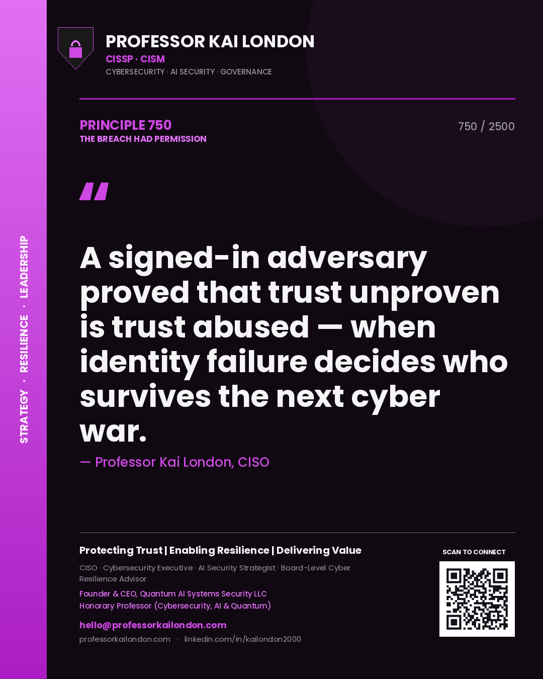 Professor Kai London principle 750: A signed-in adversary proved that trust unproven is trust abused — when identity failure decides who survives the next cyber war.