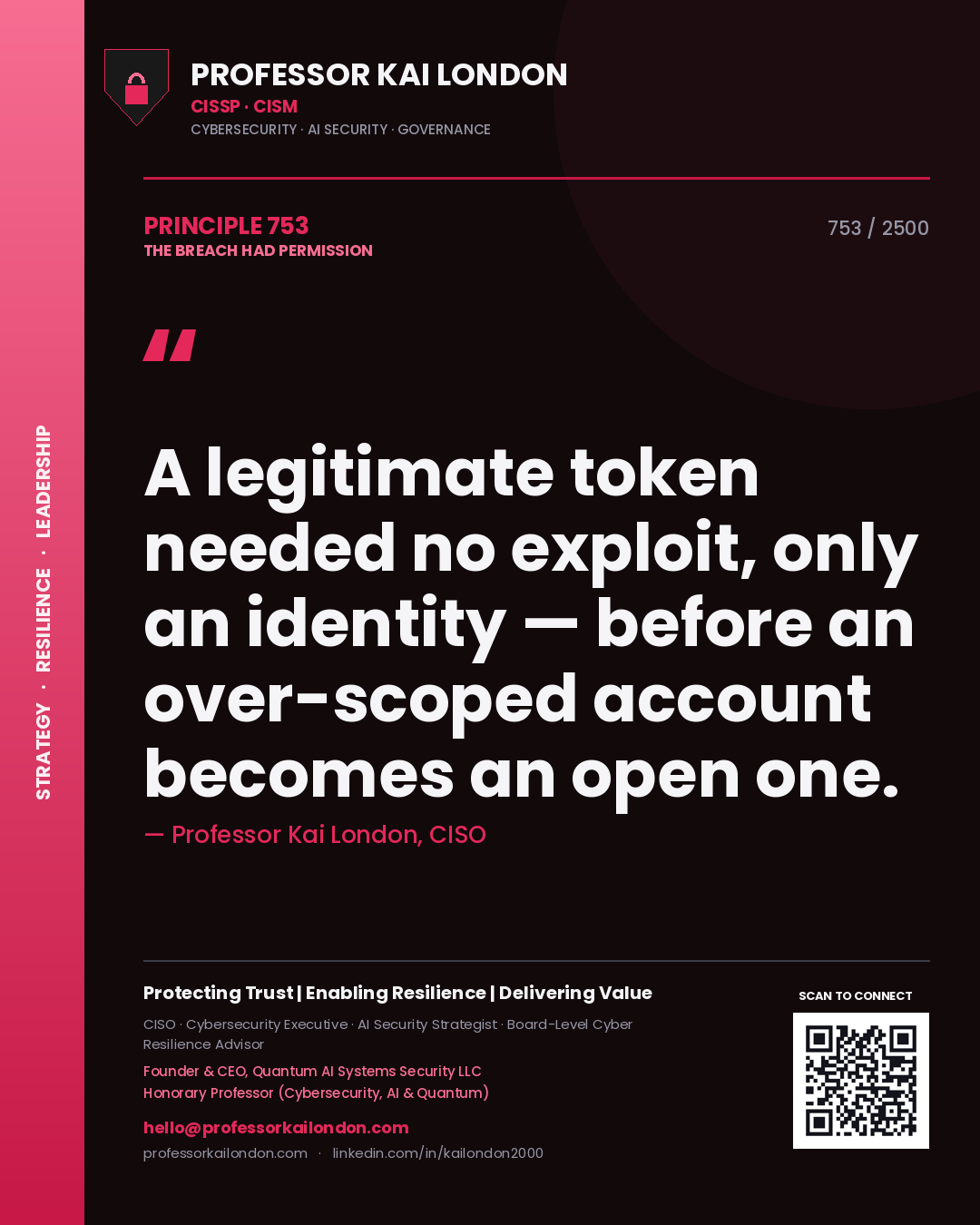 Professor Kai London principle 753: A legitimate token needed no exploit, only an identity — before an over-scoped account becomes an open one.