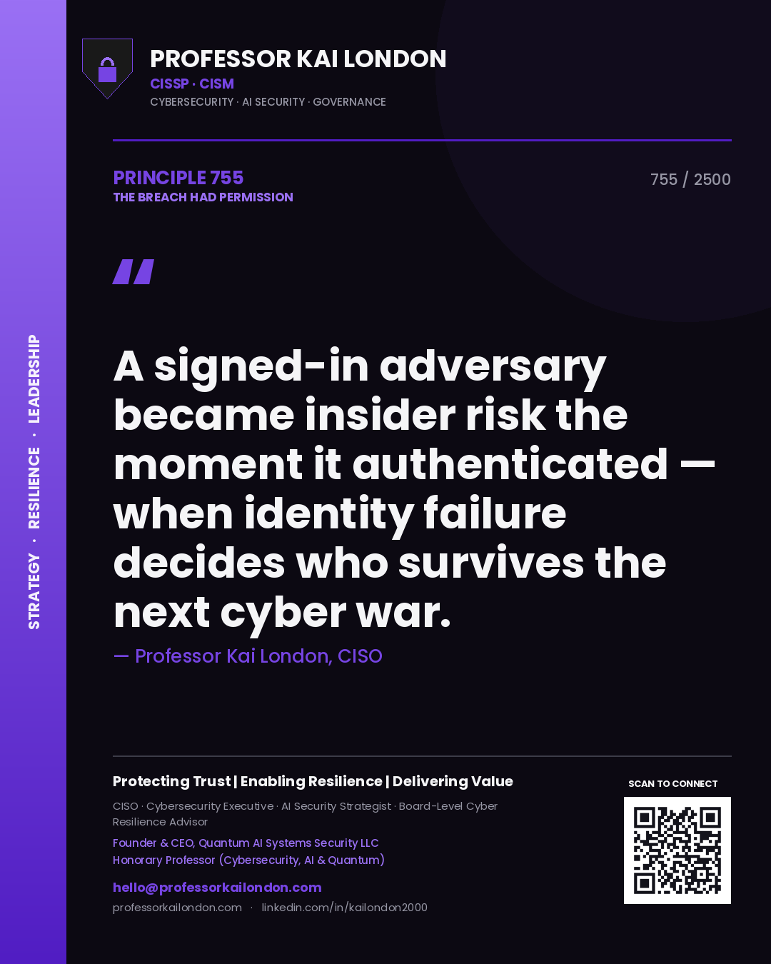 Quote card by Professor Kai London reading 'A signed-in adversary became insider risk the moment it authenticated — when identity failure decides who survives the next cyber war.'. From the book The Breach Had Permission.