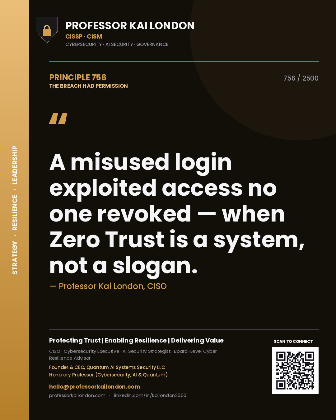 Quote card by Professor Kai London reading 'A misused login exploited access no one revoked — when Zero Trust is a system, not a slogan.'. From the book The Breach Had Permission.