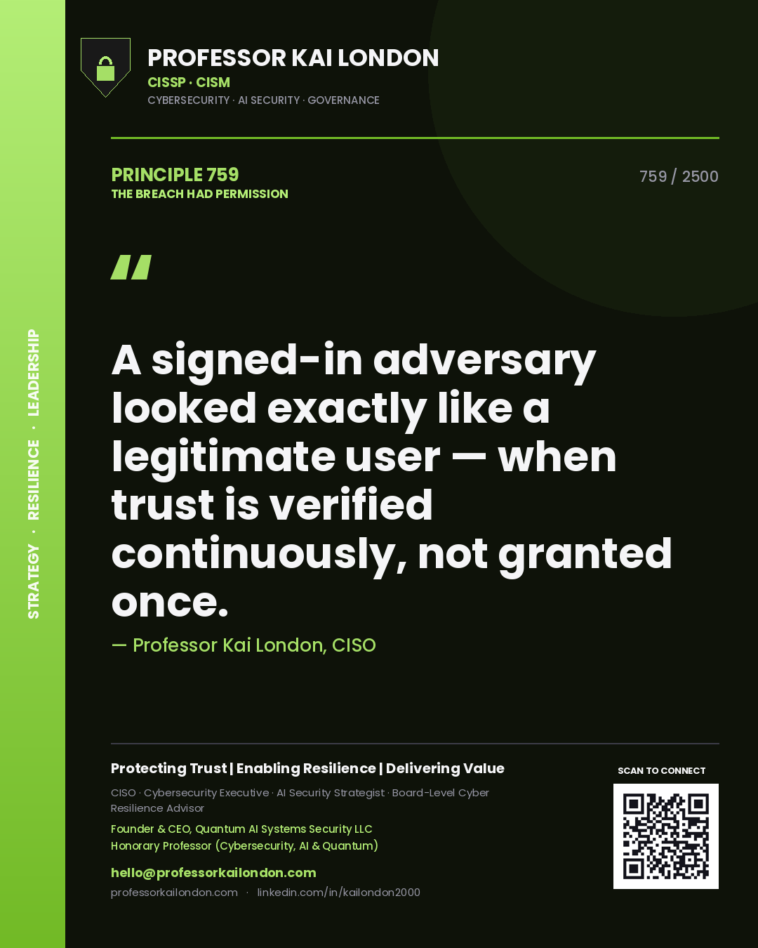 Professor Kai London principle 759: A signed-in adversary looked exactly like a legitimate user — when trust is verified continuously, not granted once.