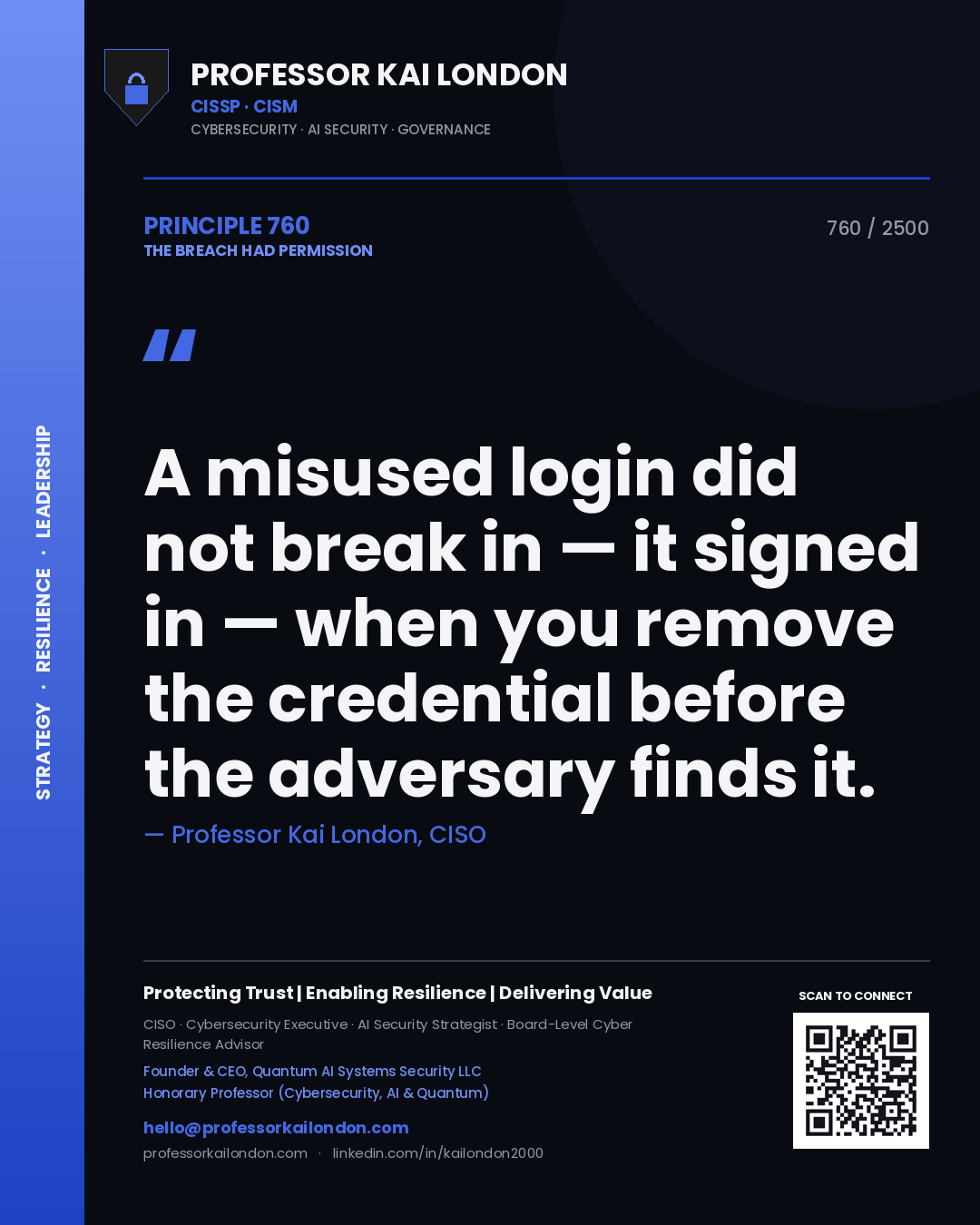 Professor Kai London principle 760: A misused login did not break in — it signed in — when you remove the credential before the adversary finds it.