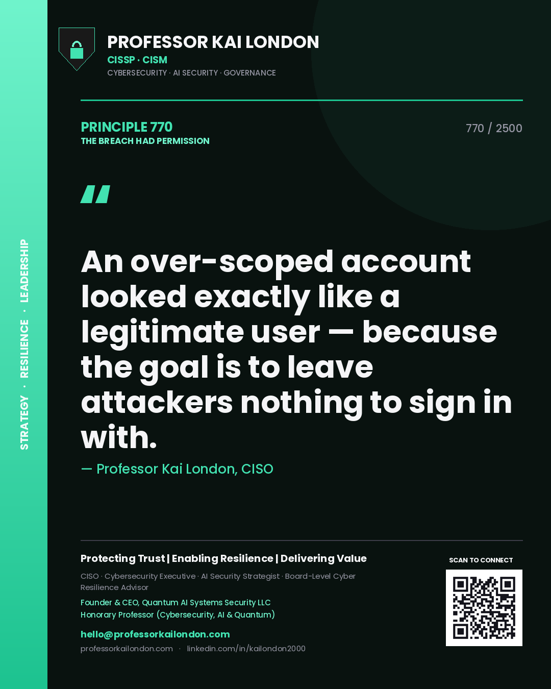 Professor Kai London principle 770: An over-scoped account looked exactly like a legitimate user — because the goal is to leave attackers nothing to sign in with.