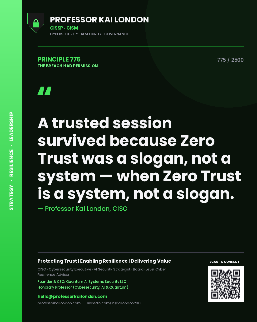 Quote card by Professor Kai London reading 'A trusted session survived because Zero Trust was a slogan, not a system — when Zero Trust is a system, not a slogan.'. From the book The Breach Had Permission.