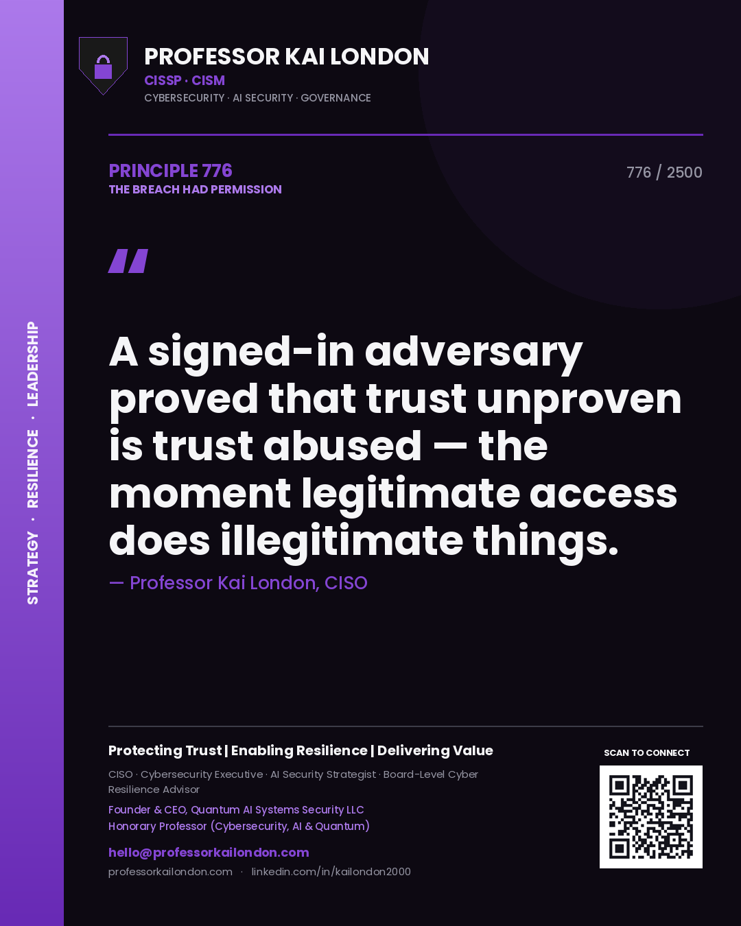 Professor Kai London principle 776: A signed-in adversary proved that trust unproven is trust abused — the moment legitimate access does illegitimate things.