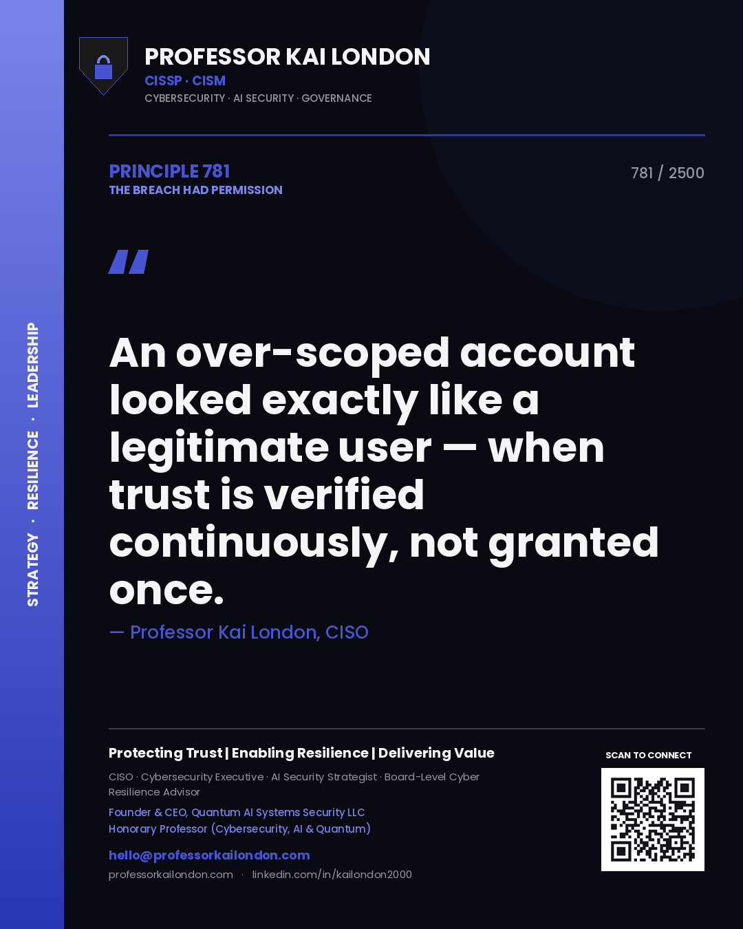 Professor Kai London principle 781: An over-scoped account looked exactly like a legitimate user — when trust is verified continuously, not granted once.