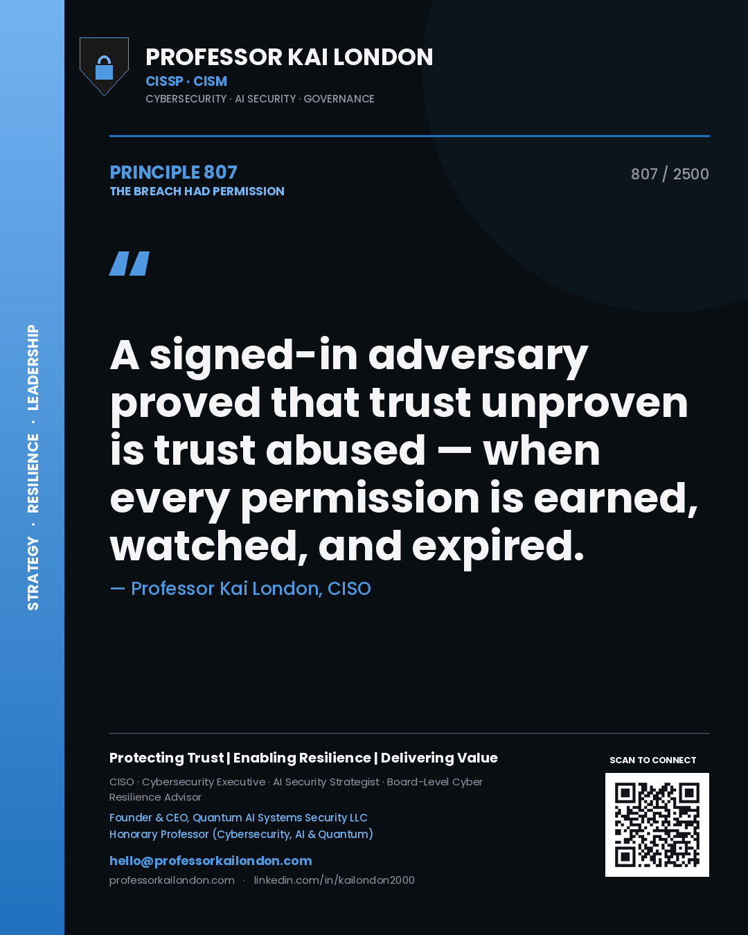 Professor Kai London principle 807: A signed-in adversary proved that trust unproven is trust abused — when every permission is earned, watched, and expired.