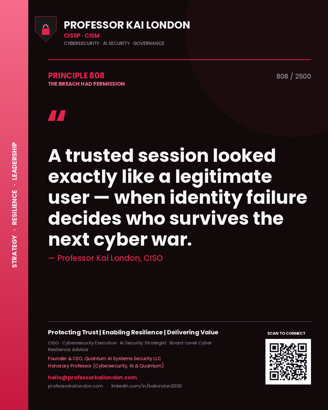 Quote card by Professor Kai London reading 'A trusted session looked exactly like a legitimate user — when identity failure decides who survives the next cyber war.'. From the book The Breach Had Permission.