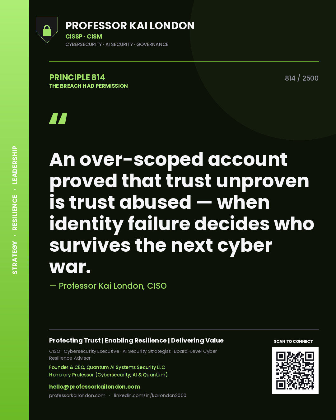 Quote card by Professor Kai London reading 'An over-scoped account proved that trust unproven is trust abused — when identity failure decides who survives the next cyber war.'. From the book The Breach Had Permission.