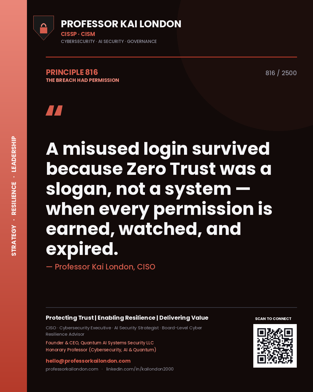 Professor Kai London principle 816: A misused login survived because Zero Trust was a slogan, not a system — when every permission is earned, watched, and expired.