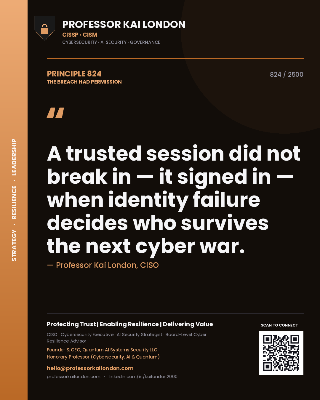 Quote card by Professor Kai London reading 'A trusted session did not break in — it signed in — when identity failure decides who survives the next cyber war.'. From the book The Breach Had Permission.