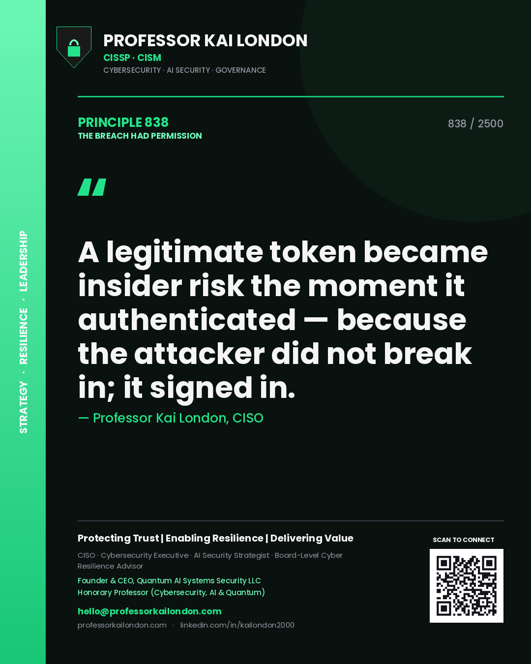 Quote card by Professor Kai London reading 'A legitimate token became insider risk the moment it authenticated — because the attacker did not break in; it signed in.'. From the book The Breach Had Permission.