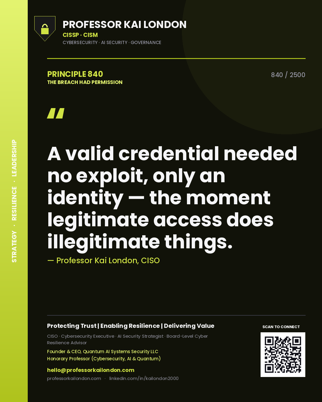 Quote card by Professor Kai London reading 'A valid credential needed no exploit, only an identity — the moment legitimate access does illegitimate things.'. From the book The Breach Had Permission.