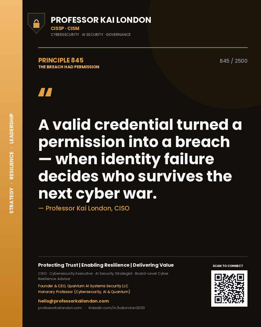 Quote card by Professor Kai London reading 'A valid credential turned a permission into a breach — when identity failure decides who survives the next cyber war.'. From the book The Breach Had Permission.
