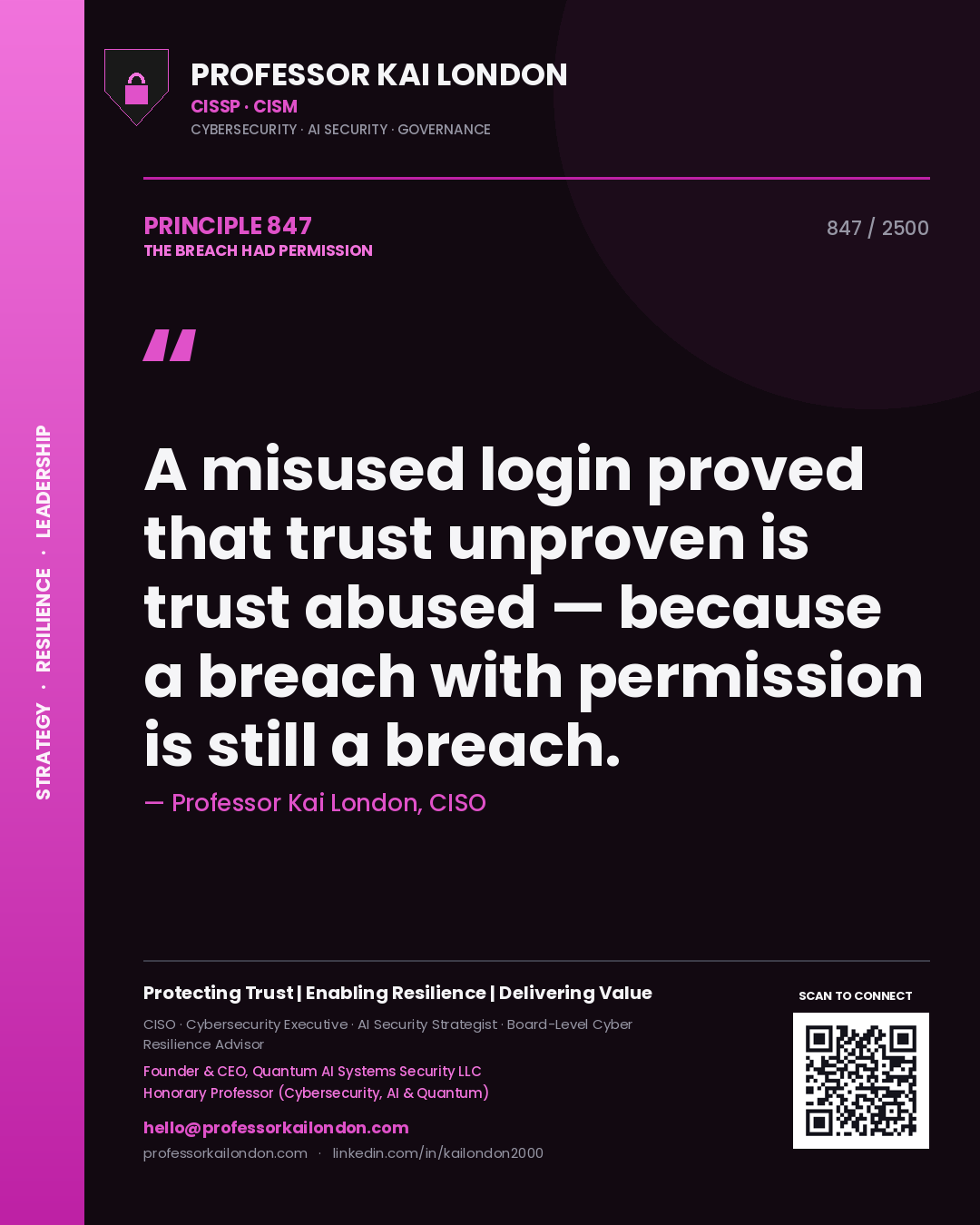Quote card by Professor Kai London reading 'A misused login proved that trust unproven is trust abused — because a breach with permission is still a breach.'. From the book The Breach Had Permission.