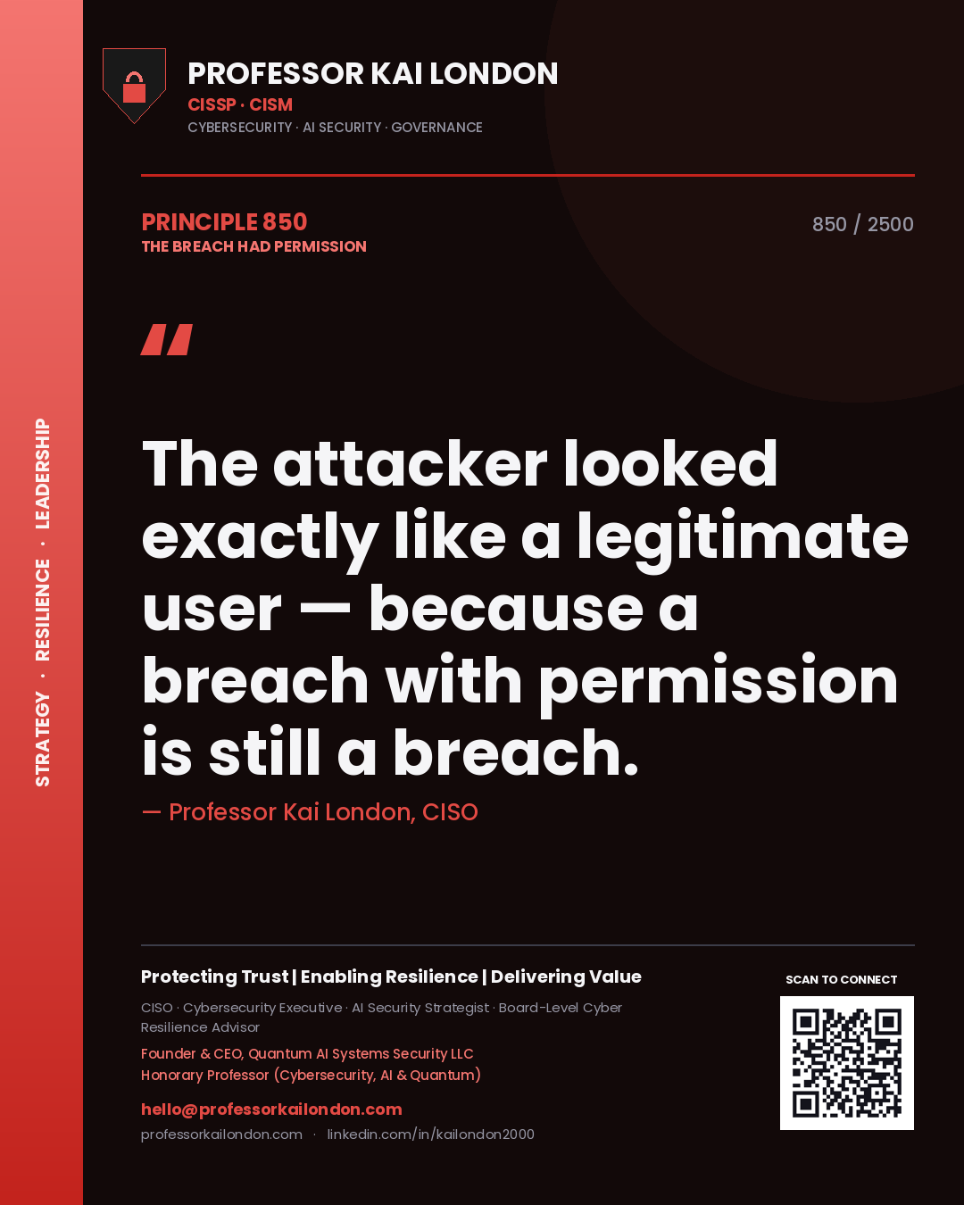 Professor Kai London principle 850: The attacker looked exactly like a legitimate user — because a breach with permission is still a breach.