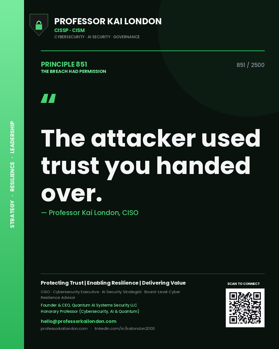 Quote card by Professor Kai London reading 'The attacker used trust you handed over.'. From the book The Breach Had Permission.
