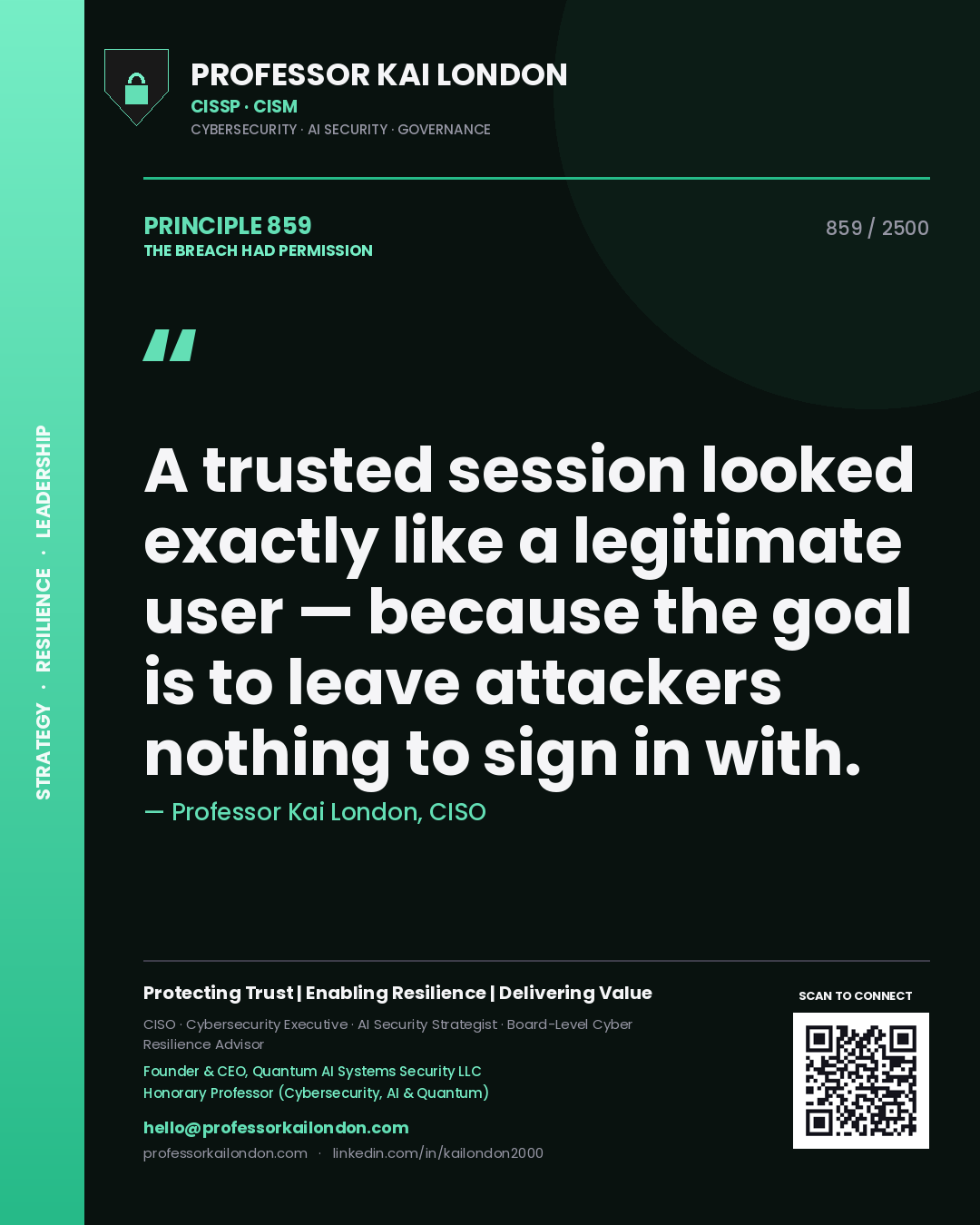 Quote card by Professor Kai London reading 'A trusted session looked exactly like a legitimate user — because the goal is to leave attackers nothing to sign in with.'. From the book The Breach Had Permission.