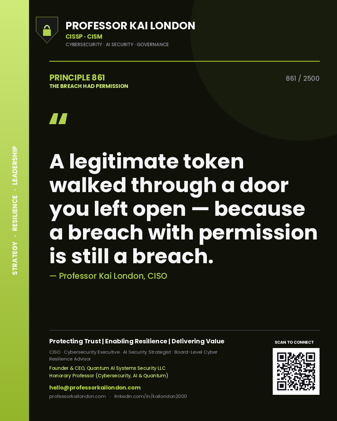 Professor Kai London principle 861: A legitimate token walked through a door you left open — because a breach with permission is still a breach.