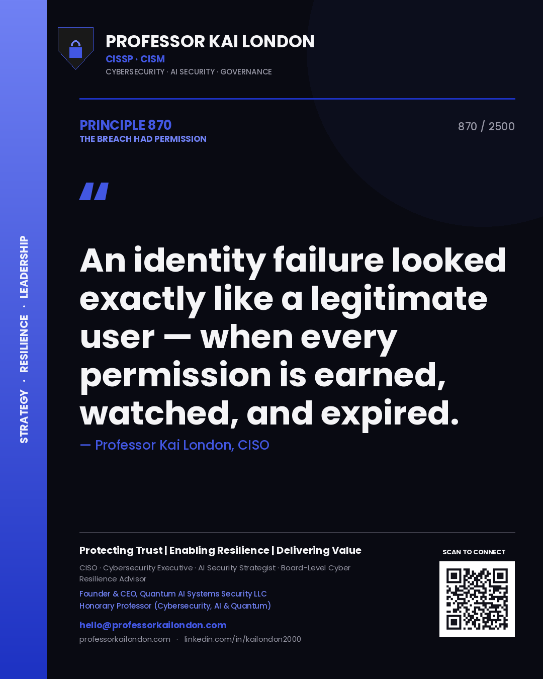 Quote card by Professor Kai London reading 'An identity failure looked exactly like a legitimate user — when every permission is earned, watched, and expired.'. From the book The Breach Had Permission.