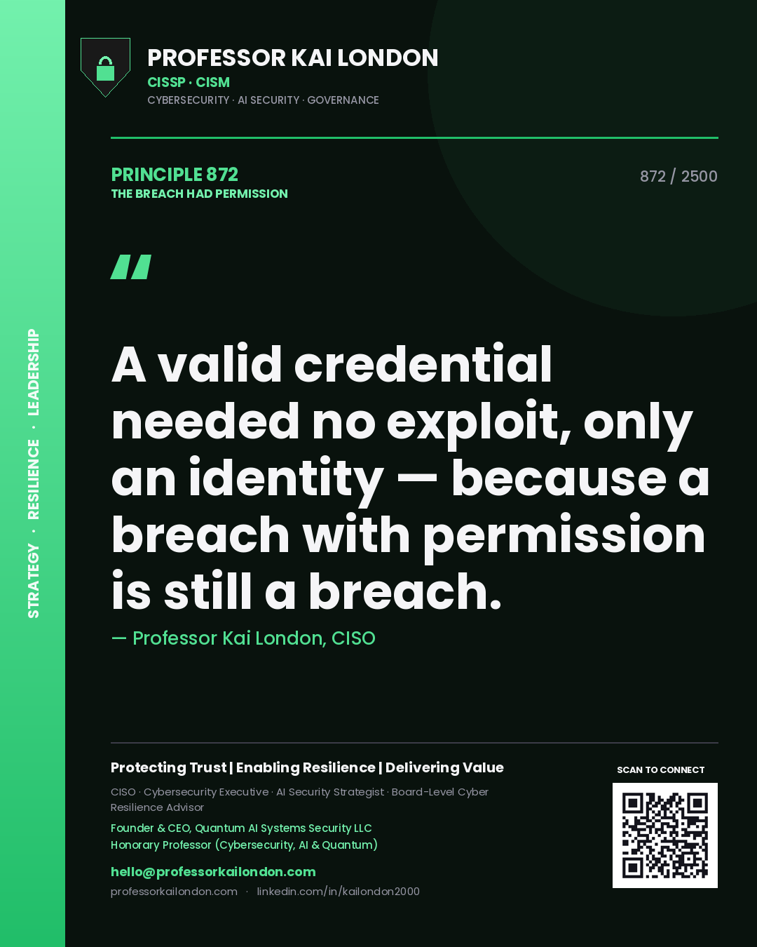 Quote card by Professor Kai London reading 'A valid credential needed no exploit, only an identity — because a breach with permission is still a breach.'. From the book The Breach Had Permission.
