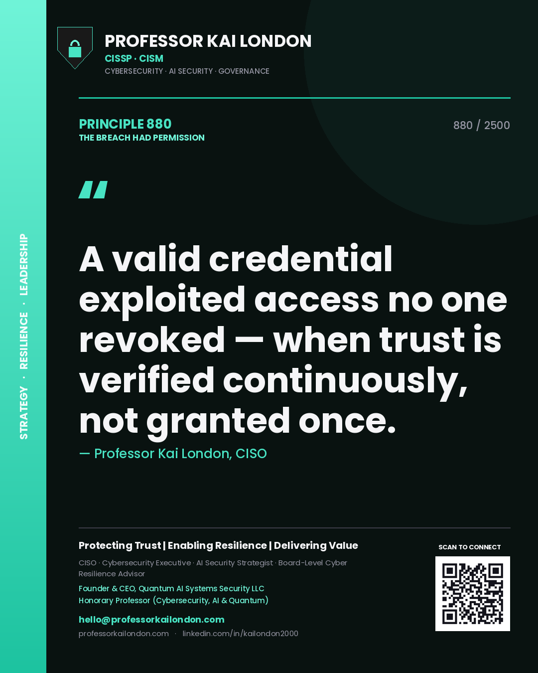 Professor Kai London principle 880: A valid credential exploited access no one revoked — when trust is verified continuously, not granted once.