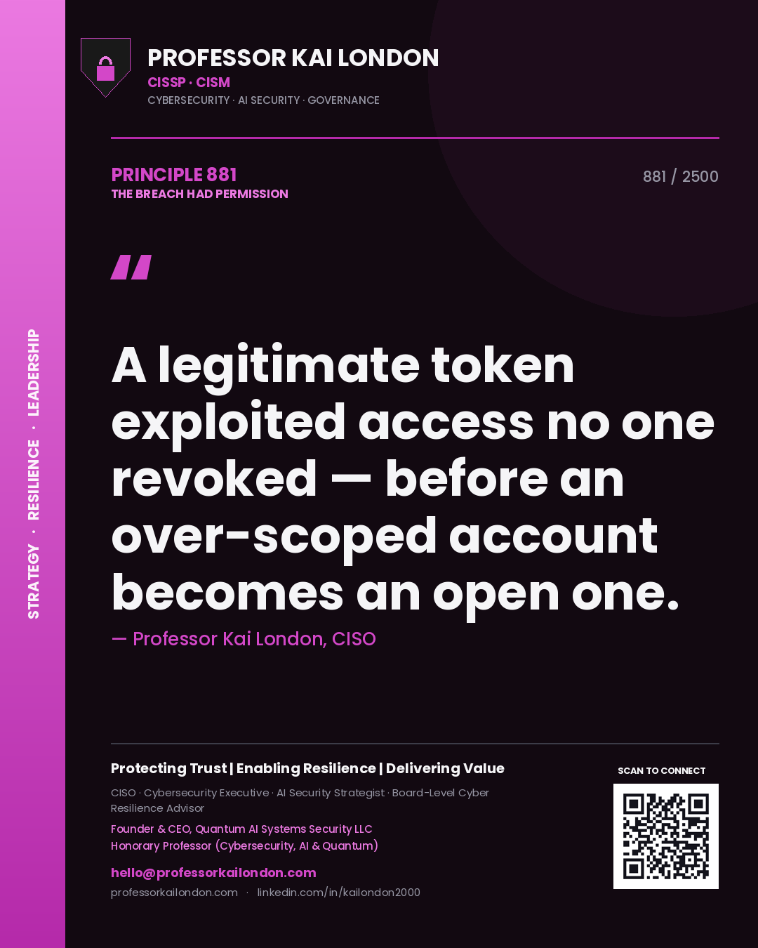 Professor Kai London principle 881: A legitimate token exploited access no one revoked — before an over-scoped account becomes an open one.