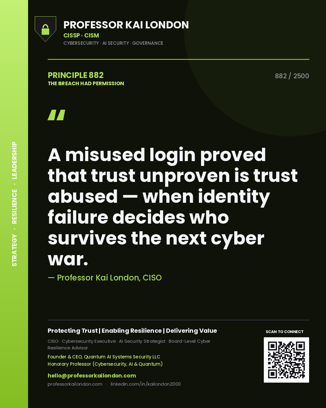 Professor Kai London principle 882: A misused login proved that trust unproven is trust abused — when identity failure decides who survives the next cyber war.