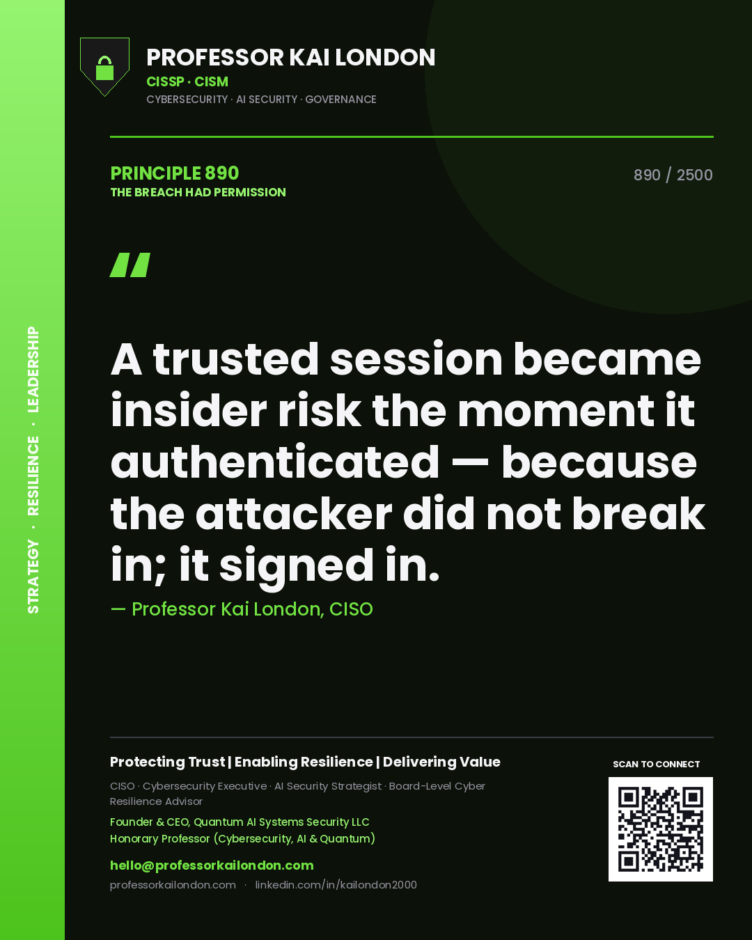 Quote card by Professor Kai London reading 'A trusted session became insider risk the moment it authenticated — because the attacker did not break in; it signed in.'. From the book The Breach Had Permission.