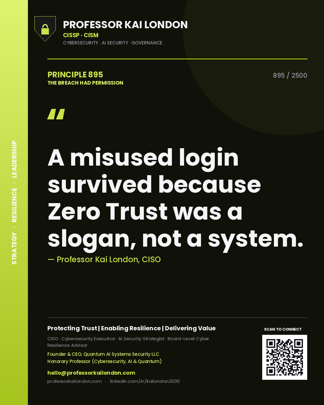 Quote card by Professor Kai London reading 'A misused login survived because Zero Trust was a slogan, not a system.'. From the book The Breach Had Permission.