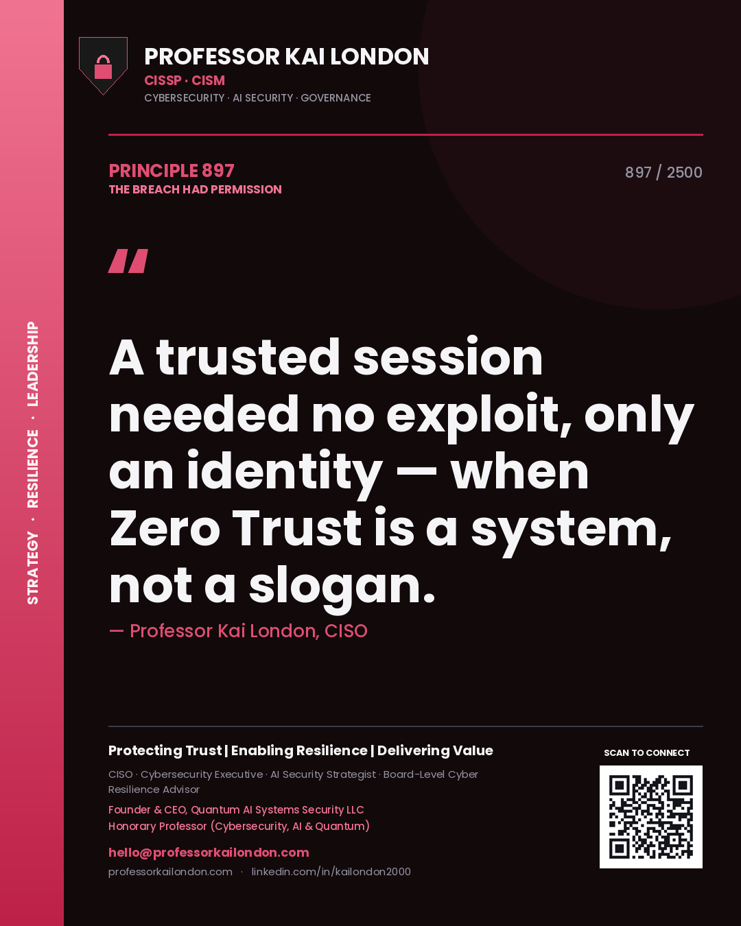Quote card by Professor Kai London reading 'A trusted session needed no exploit, only an identity — when Zero Trust is a system, not a slogan.'. From the book The Breach Had Permission.