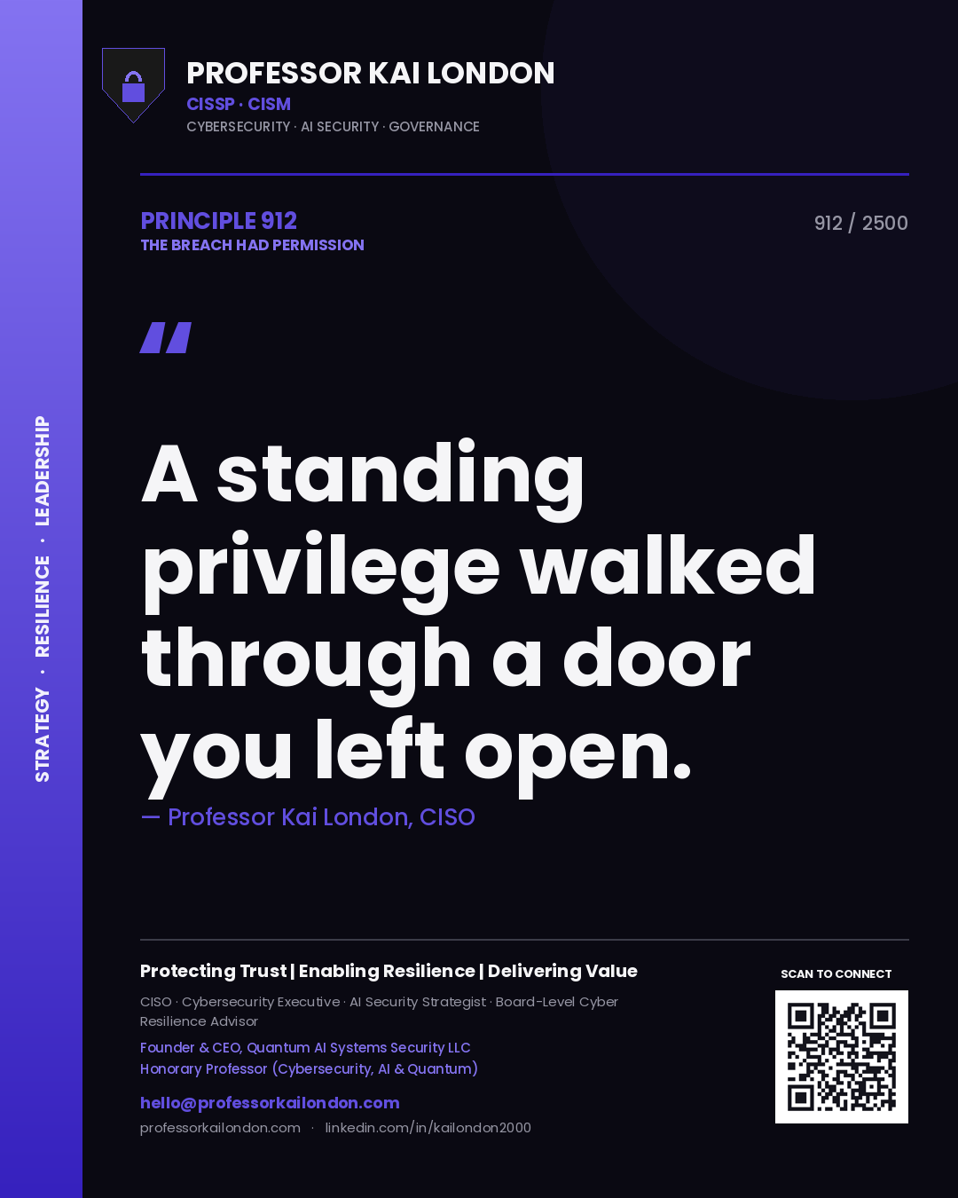 Quote card by Professor Kai London reading 'A standing privilege walked through a door you left open.'. From the book The Breach Had Permission.