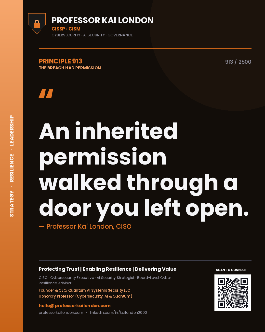 Quote card by Professor Kai London reading 'An inherited permission walked through a door you left open.'. From the book The Breach Had Permission.