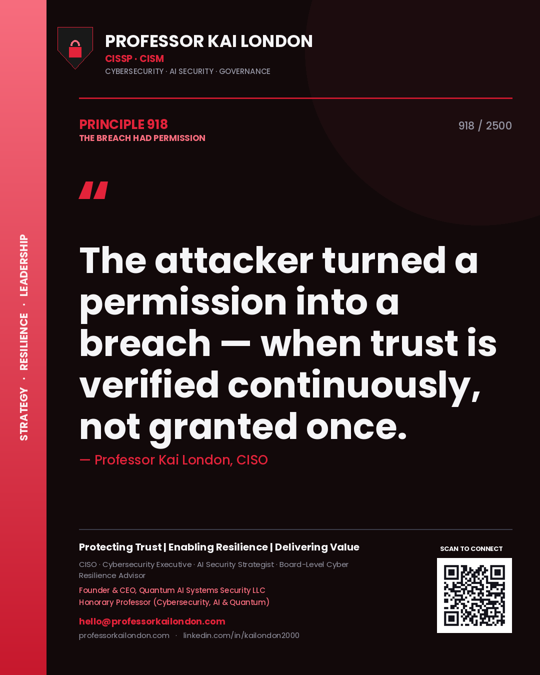 Quote card by Professor Kai London reading 'The attacker turned a permission into a breach — when trust is verified continuously, not granted once.'. From the book The Breach Had Permission.