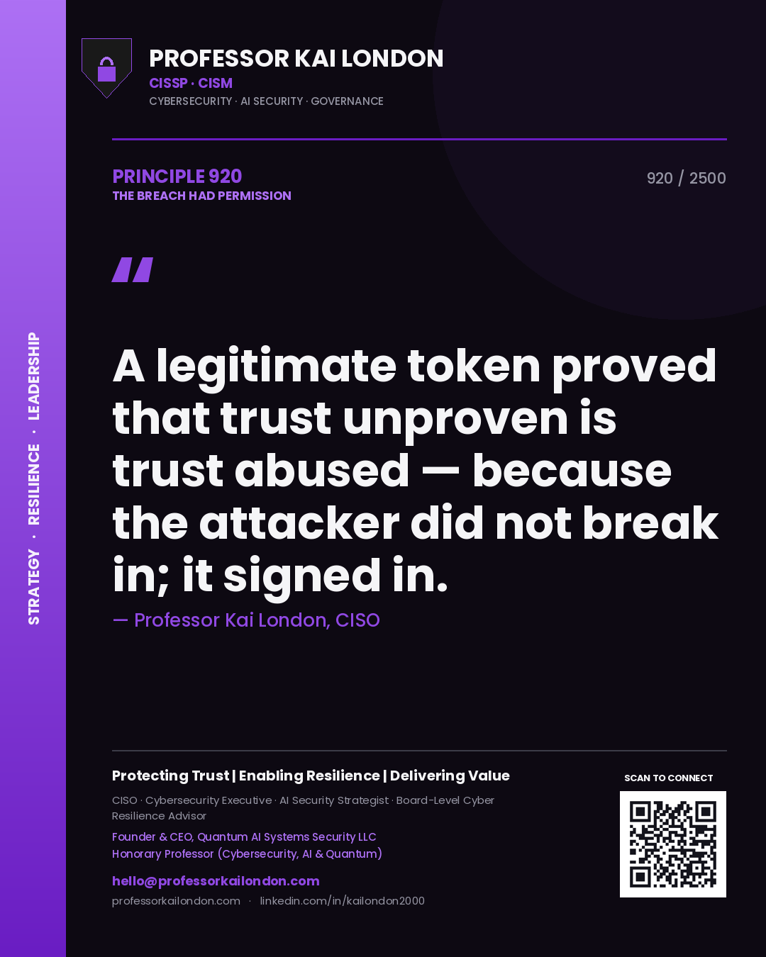 Quote card by Professor Kai London reading 'A legitimate token proved that trust unproven is trust abused — because the attacker did not break in; it signed in.'. From the book The Breach Had Permission.