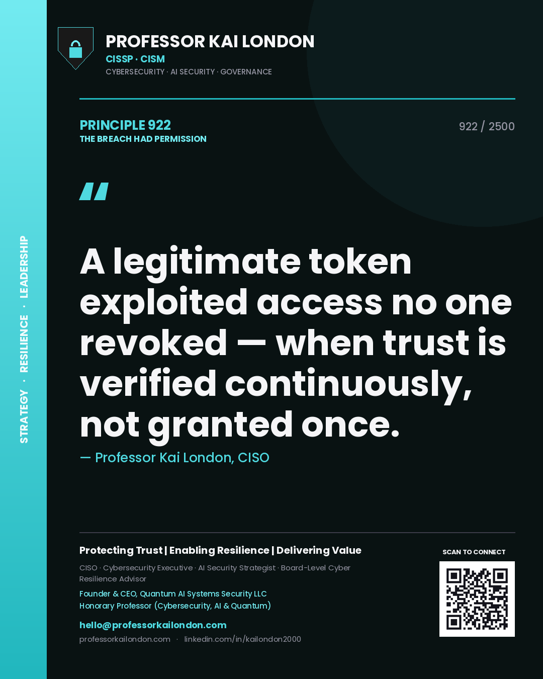 Quote card by Professor Kai London reading 'A legitimate token exploited access no one revoked — when trust is verified continuously, not granted once.'. From the book The Breach Had Permission.