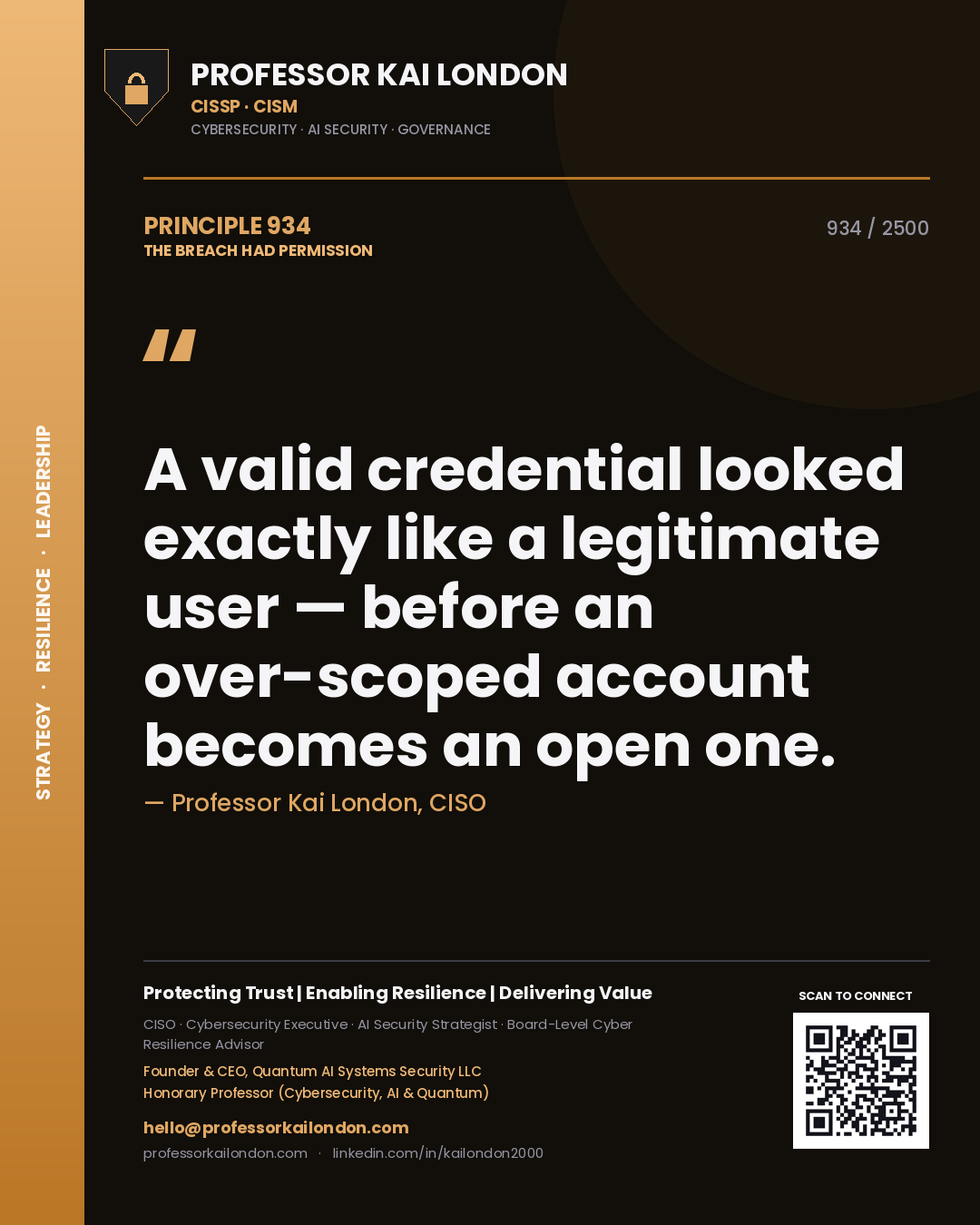 Quote card by Professor Kai London reading 'A valid credential looked exactly like a legitimate user — before an over-scoped account becomes an open one.'. From the book The Breach Had Permission.