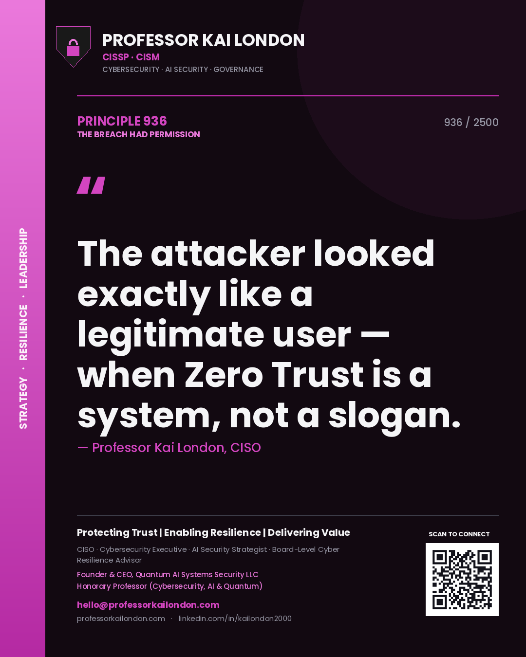 Quote card by Professor Kai London reading 'The attacker looked exactly like a legitimate user — when Zero Trust is a system, not a slogan.'. From the book The Breach Had Permission.
