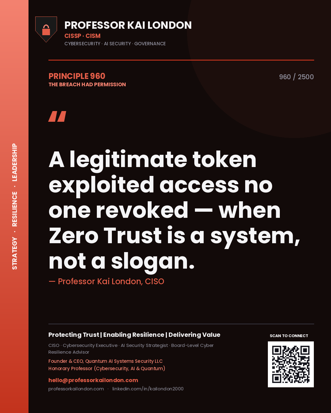 Quote card by Professor Kai London reading 'A legitimate token exploited access no one revoked — when Zero Trust is a system, not a slogan.'. From the book The Breach Had Permission.