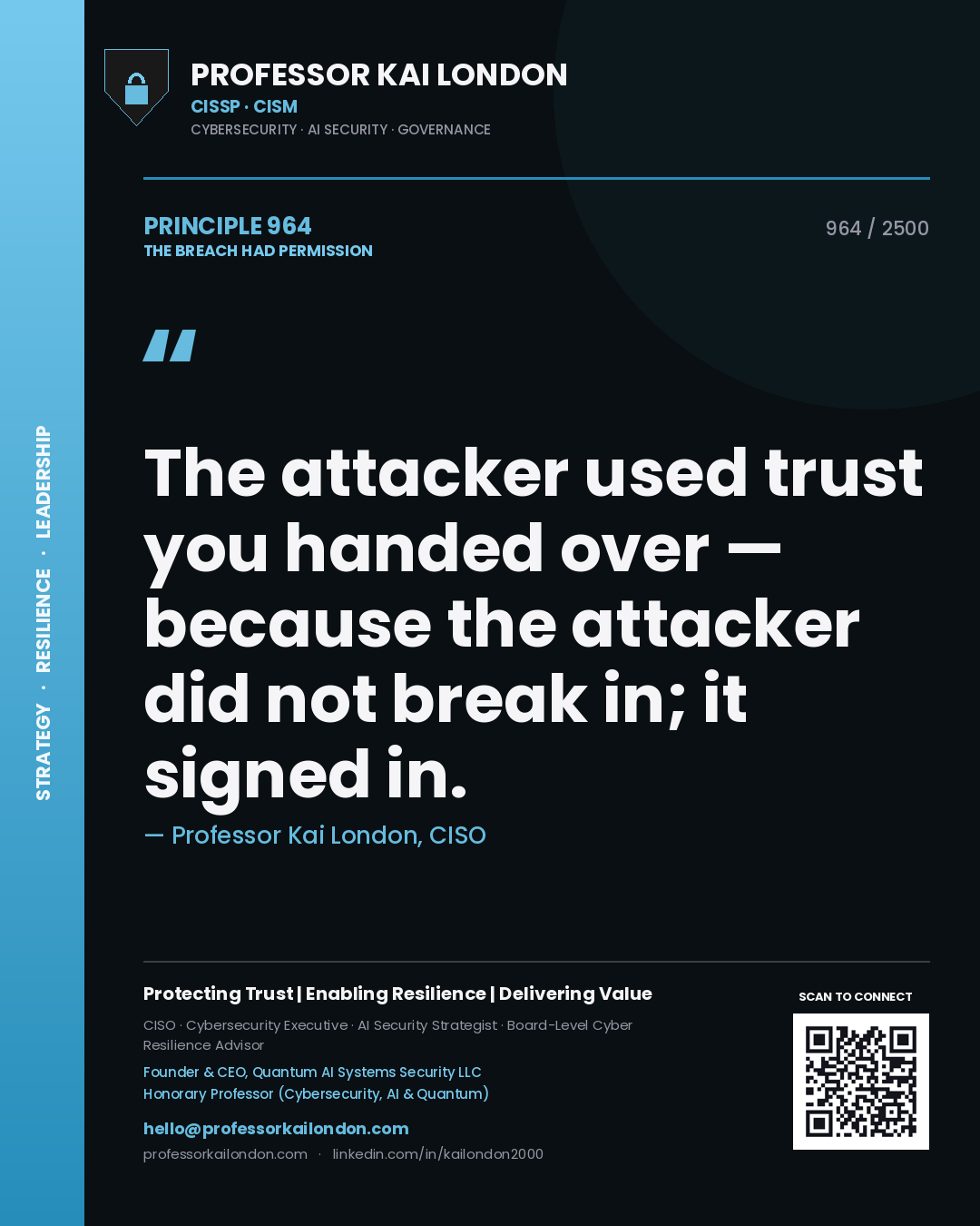 Professor Kai London principle 964: The attacker used trust you handed over — because the attacker did not break in; it signed in.