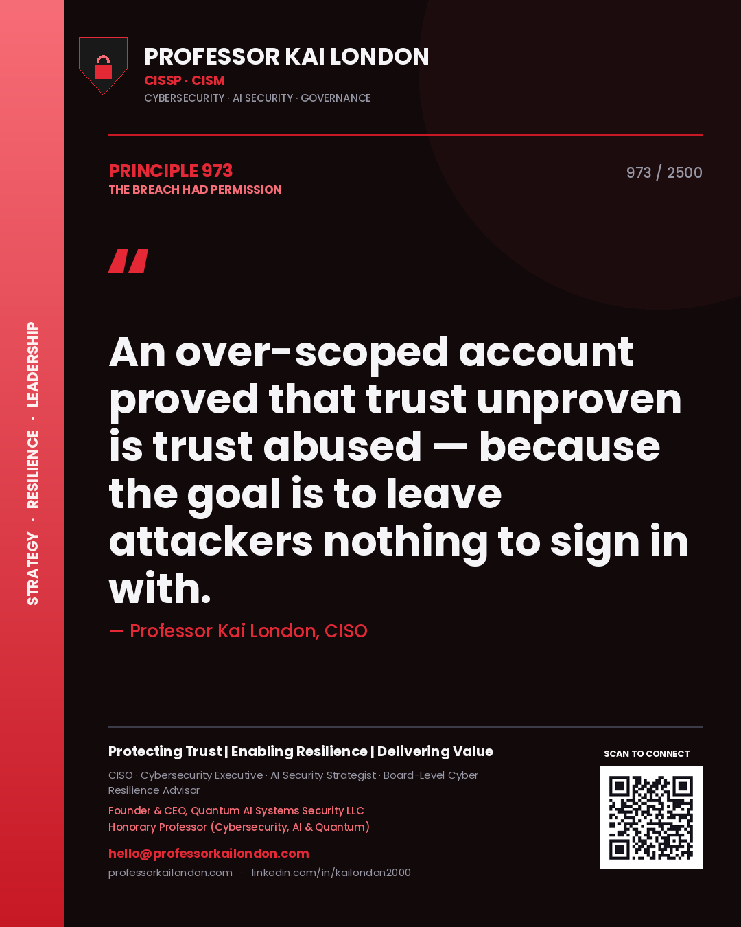 Professor Kai London principle 973: An over-scoped account proved that trust unproven is trust abused — because the goal is to leave attackers nothing to sign in with.