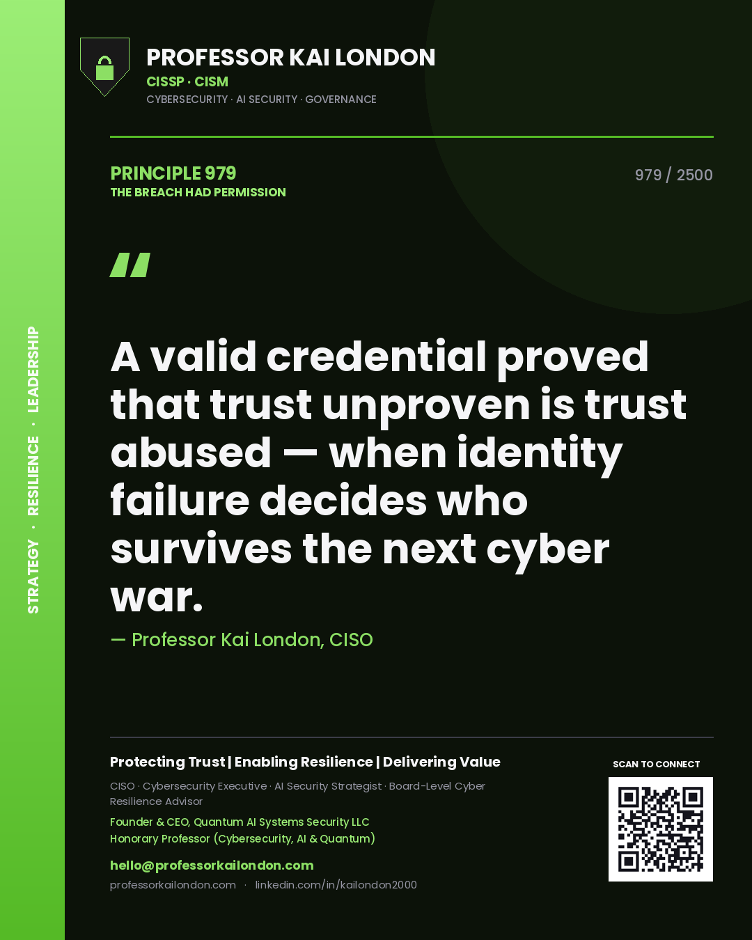 Quote card by Professor Kai London reading 'A valid credential proved that trust unproven is trust abused — when identity failure decides who survives the next cyber war.'. From the book The Breach Had Permission.