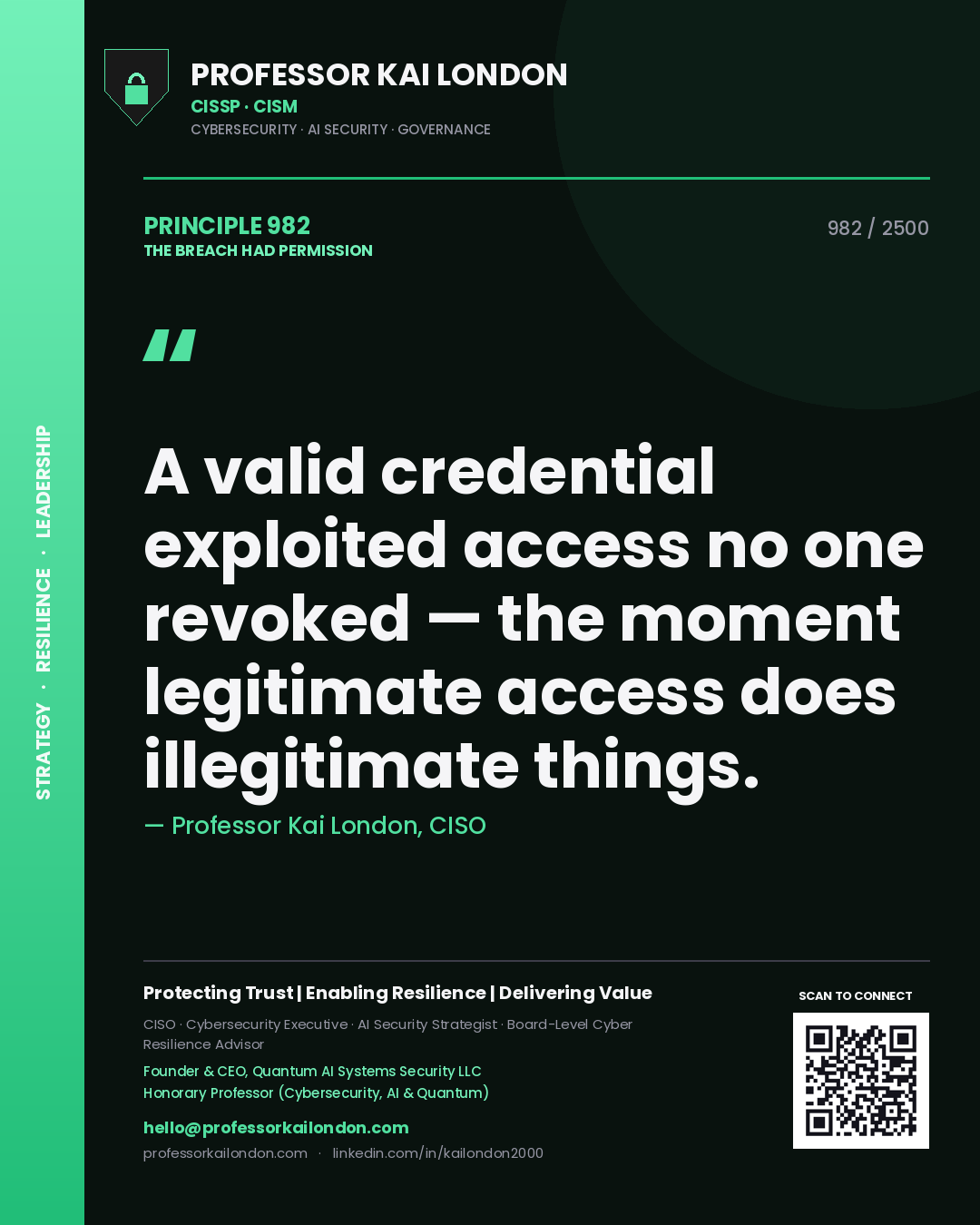 Quote card by Professor Kai London reading 'A valid credential exploited access no one revoked — the moment legitimate access does illegitimate things.'. From the book The Breach Had Permission.