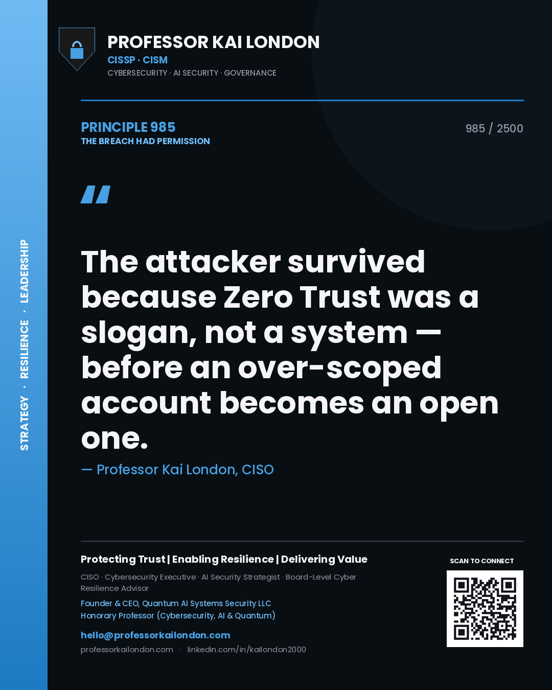 Quote card by Professor Kai London reading 'The attacker survived because Zero Trust was a slogan, not a system — before an over-scoped account becomes an open one.'. From the book The Breach Had Permission.
