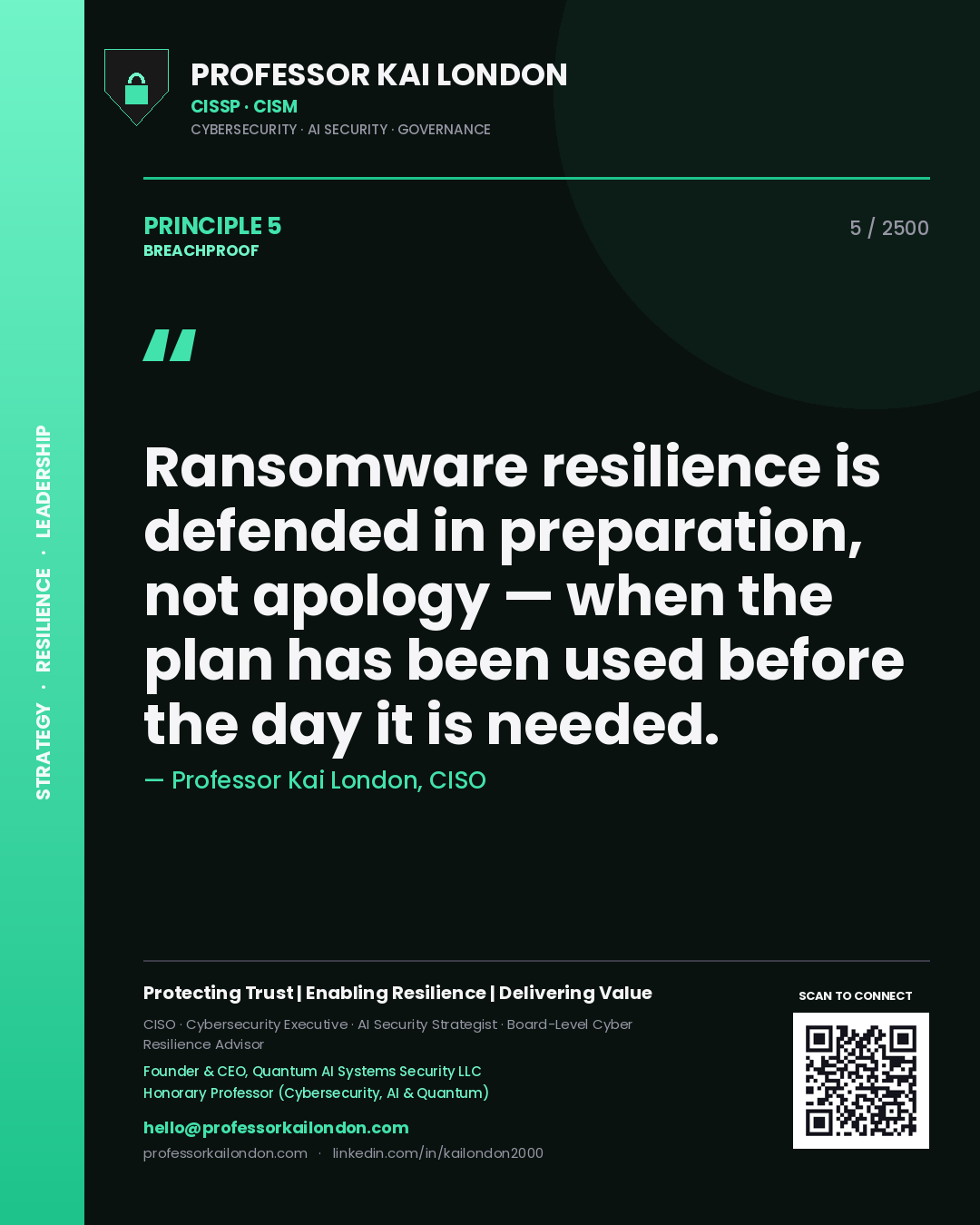 Quote card by Professor Kai London reading 'Ransomware resilience is defended in preparation, not apology — when the plan has been used before the day it is needed.'. From the book Breachproof.